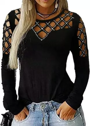 Long Sleeve Shirts Sexy Rhinestone Cut Out Cold Shoulder Tops