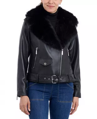 Faux-Fur-Trim Leather Moto Coat