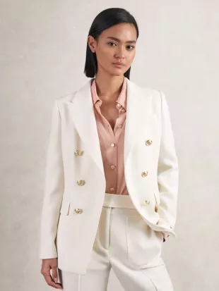 Lily Double Breasted Twill Suit Blazer With Wool in White