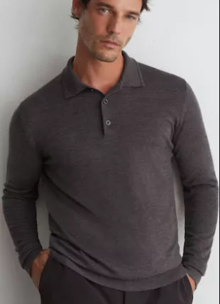 Trafford Merino Wool Long-Sleeve Polo Shirt in Dark Wicker Brown