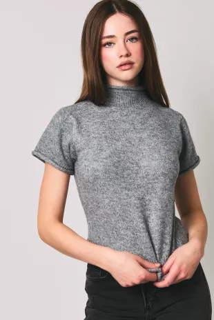 Heather Grey Mock Neck Short Sleeve Sweater