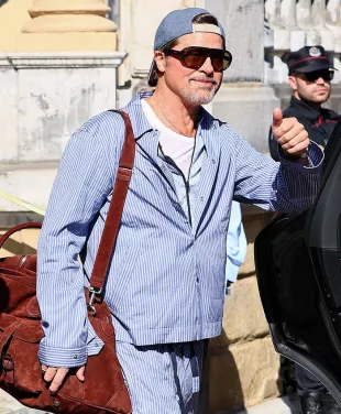 Brad Pitt Maria Cristina Hotel Blue Striped Pajama Suit