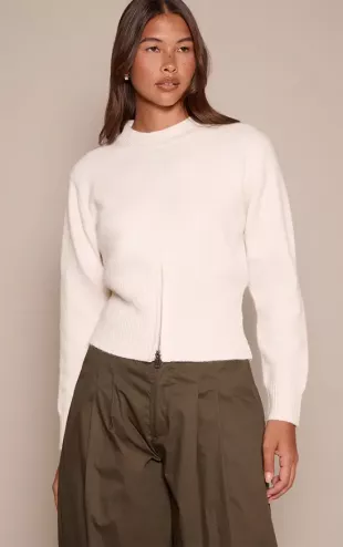 Cinched Waist Zip Hem Knitted Jumper