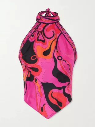 Printed Silk-twill Halterneck Top