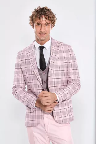 Checked Slim Fit Pink Men Suit