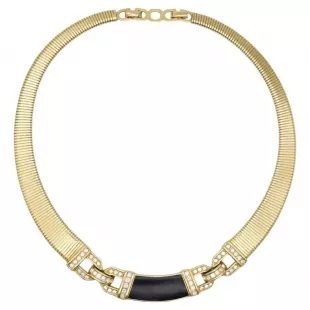 Vintage Rare Black Gold Crystal Ribbed Interlocked Omega Necklace