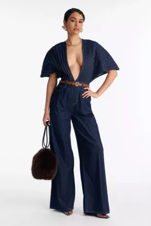 Bella Plunge Neck Denim Jumpsuit