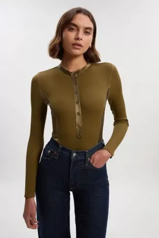 Luxe Viscose Rib Jersey Crew Neck Satin Detail Bodysuit