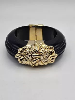 Vintage Black Lucite Gold Tone Hinged Bangle