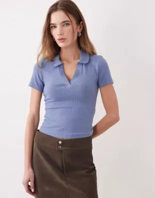Miss Selfridge - Polo ajusté côtelé avec surpiqûres picot - Bleu cendré