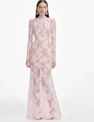 Pale Pink Rhinestone Lace Maxi Dress