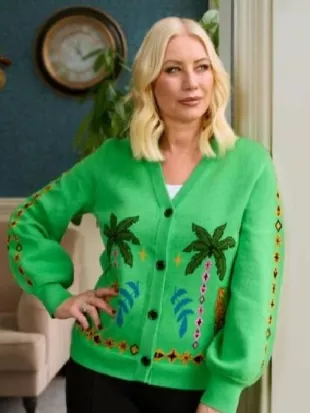 Celebrity Pottery Throw Down S01 Green Palm Tree & Leopard Print Cardigan