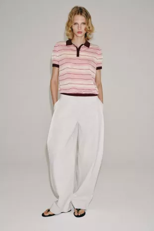 Striped Knit Polo in Ecru/Blue