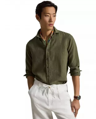Linen Button-Front Shirt in New Olive