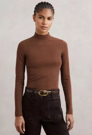 Brown Polly Stretch-Cotton Funnel-Neck Top