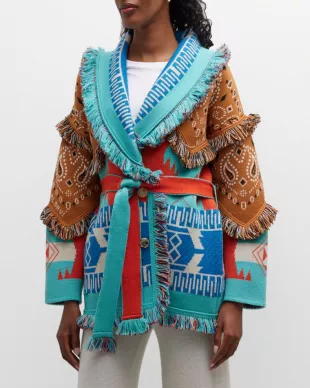 Icon Bandana Patchwork Jacquard Belted Fringe Cardigan