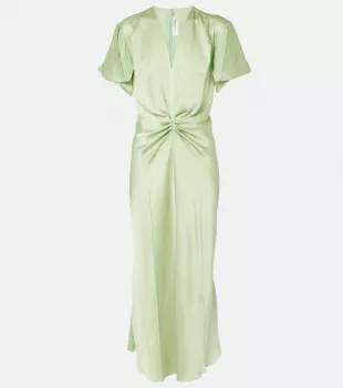 Green Gathered Crepe Satin Midi Dress