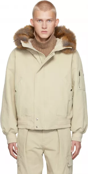 Beige Faux-Fur Trim Cotton Bomber Jacket
