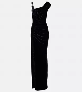 Asymmetric Gathered Velvet Gown