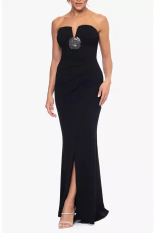 Rhinestone Detail Strapless Scuba Crepe Gown