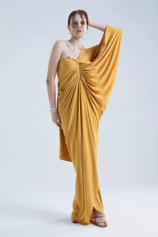 Yellow Crepe Pearls One Shoulder Draped Gown