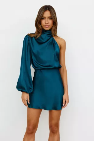 Meet Tonight Teal One Shoulder Satin Mini