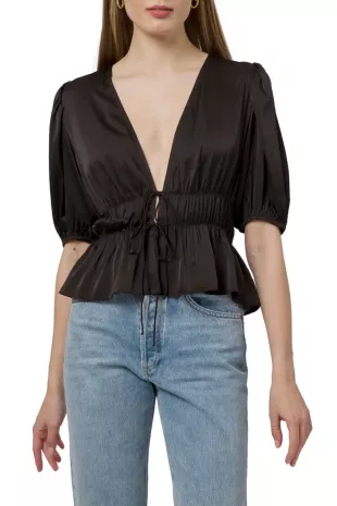 Tie Front Peplum Top In Ivory