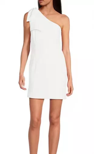 Bini Deliah One Bow Shoulder Sleeveless Sheath Crepe Mini Dress