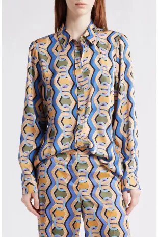 Geo Print Satin Button-Up Shirt