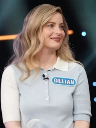 Gillian Jacobs Celebrity Wheel of Fortune S07 Feather Polo Sweater