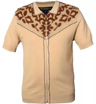 Tan Luxury Embroidery Design Men's Full Zipper Polo Shirt