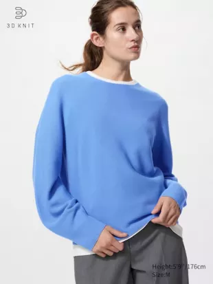 3D Knit Seamless Cotton Crew Neck Volume Sleeve Jumper