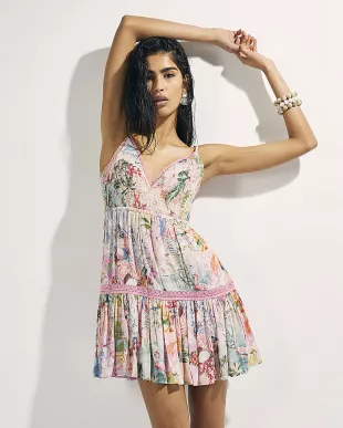 Pink Floral Shirred Mini Dress