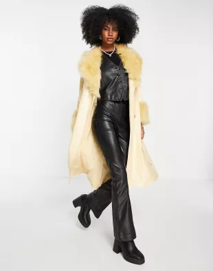 PU & Faux Fur trim Long Belted Coat