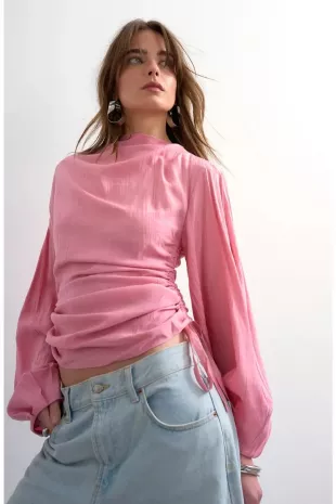 Long Puffy Sleeve Ruched Tie Side Top