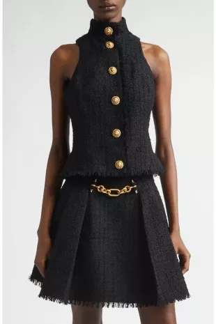 Button Front Fringe Tweed Top