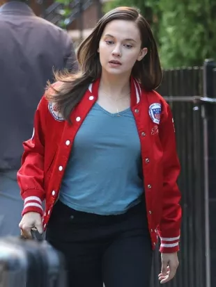 Cailee Spaeny Deep Cuts 2026 Red Bomber Jacket