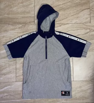 1/4 Zip 2 Layer Short Sleeve Navy And Grey Hoodie Pullove