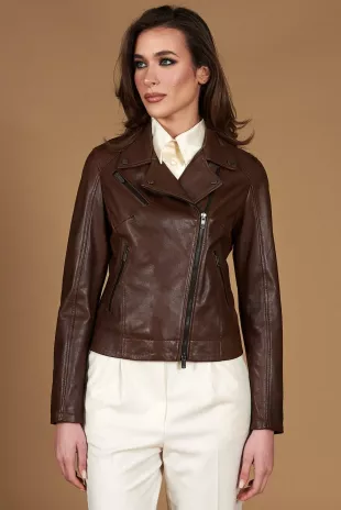 Cloudy Brown Natural Lamb Leather Biker Jacket Cross Zipper