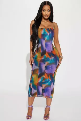 On Point Mesh Corset Midi Dress