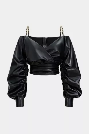 Faux Leather Metallic Crossed Long-Sleeve Shirt