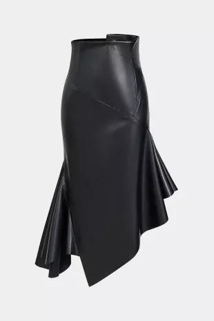 Faux Leather Asymmetrical Hem Ruched Skirt