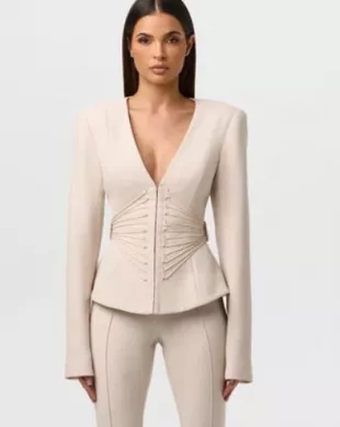 Suiting V-Neck Corset Blazer in Melange Beige