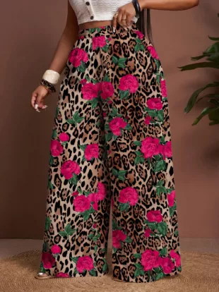 Women Long Pants Pink Leopard Print
