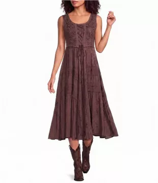 Sleeveless Lace-Up Embroidered Floral Jacquard Tie Waist Midi Dress