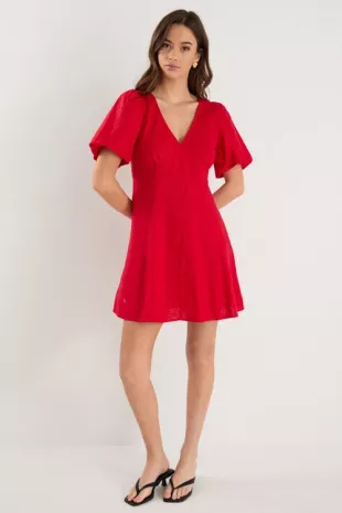Adelaide Cherry Linen Puff Sleeve Panelled Mini Dress