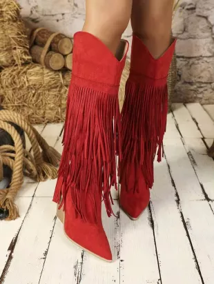 Women's Knee High Fringe Decor Side Zipper Faux Suede Chunky Heel Holiday Boots