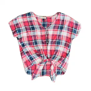 Plaid Short Sleeve Button Down Tie Front Top