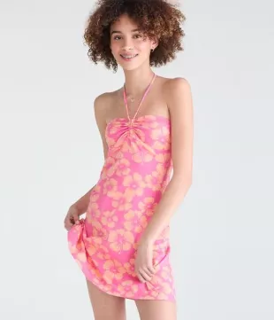 Roxy Hibiscus Print Halter Mini Dress