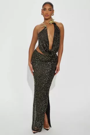 Amaya Sequin Wire Neck Halter Skirt Set